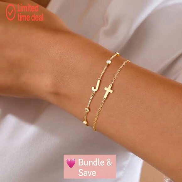 Gold Plated Initial Cross Bracelet Set Adjustable 8.5 Inches - Picture 6 of 8